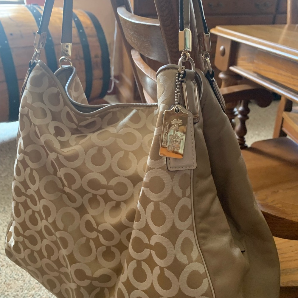 Coach Beige and Brown Signature Shoulder Bag